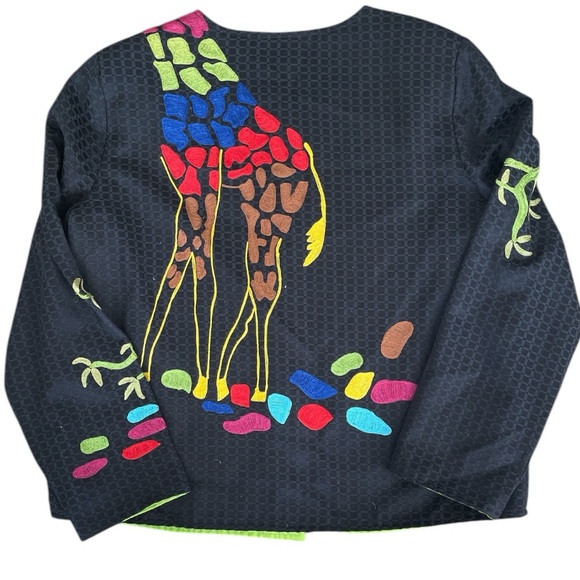 Julia Ku Black Colorful Giraffe Embroidered Jacket With Wooden Buttons Size M - Picture 2 of 4